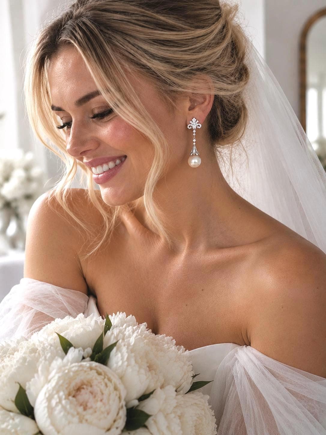Countess Fleur Pearl Drop Earrings, Crystal Bridal Jewelry, Silver Filled, Art Deco Style