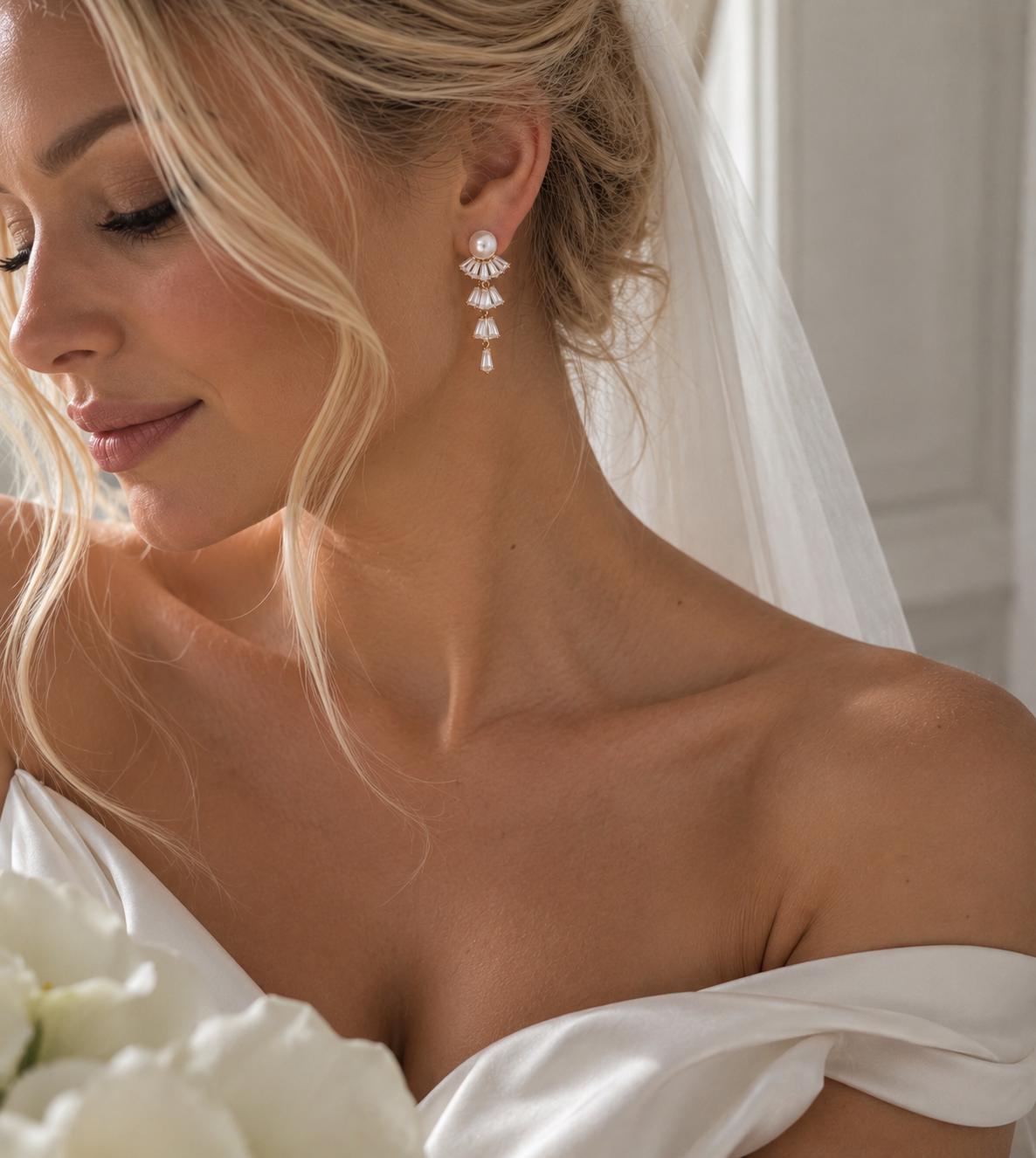 Pearl Bridal Earrings, Gold Crystal Drop Design Mermaids