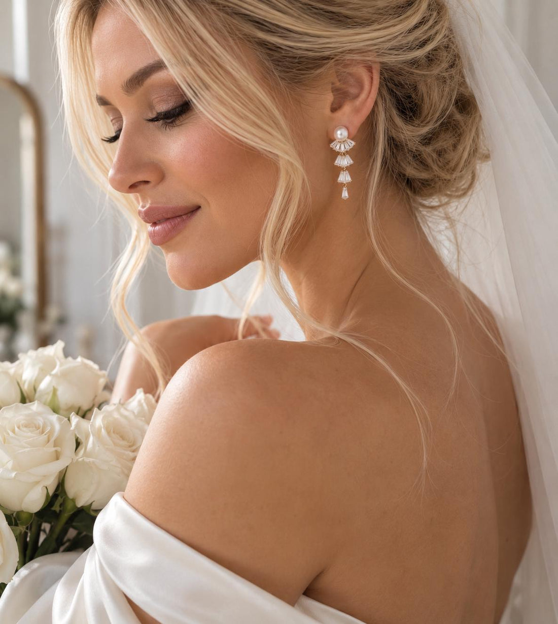 Pearl Bridal Earrings, Gold Crystal Drop, 4.5 cm Stainless Steel