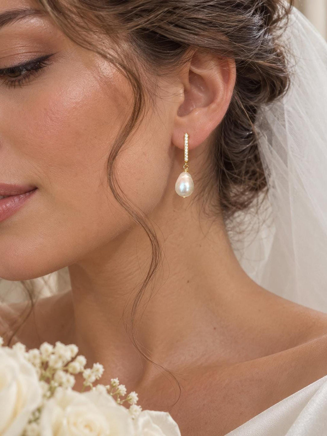 Baroque Mother of Pearl Earrings, 18K Gold Plated Sterling Silver Bridal Jewelry