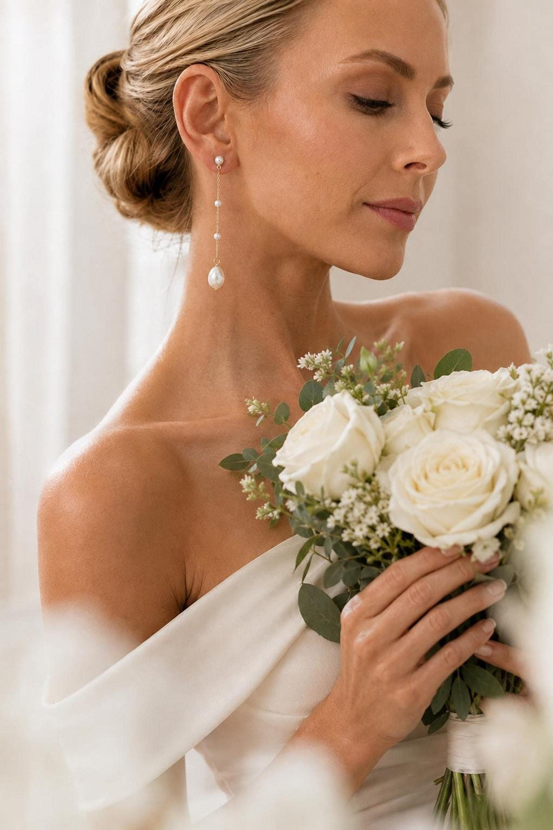 Long Pearl Drop Bridal Earrings, Delicate Chain Design in Gold or Silver