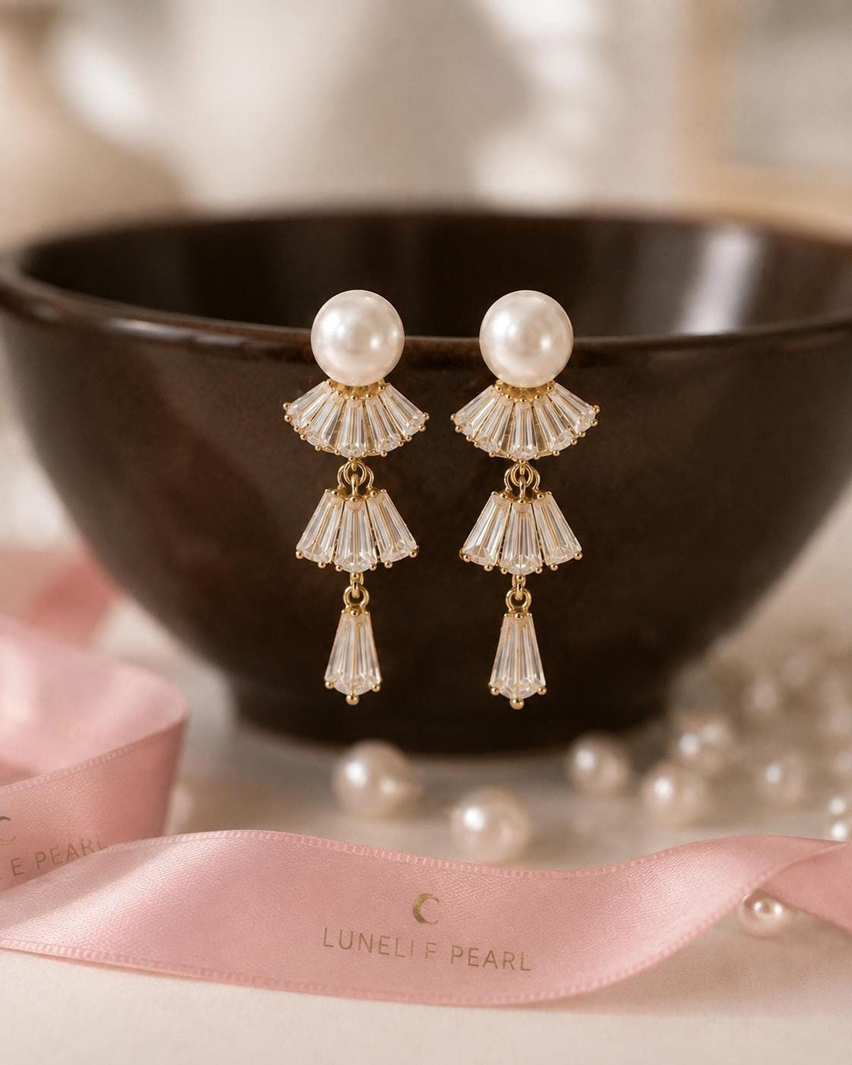 Pearl Bridal Earrings, Gold Crystal Drop Design Mermaids