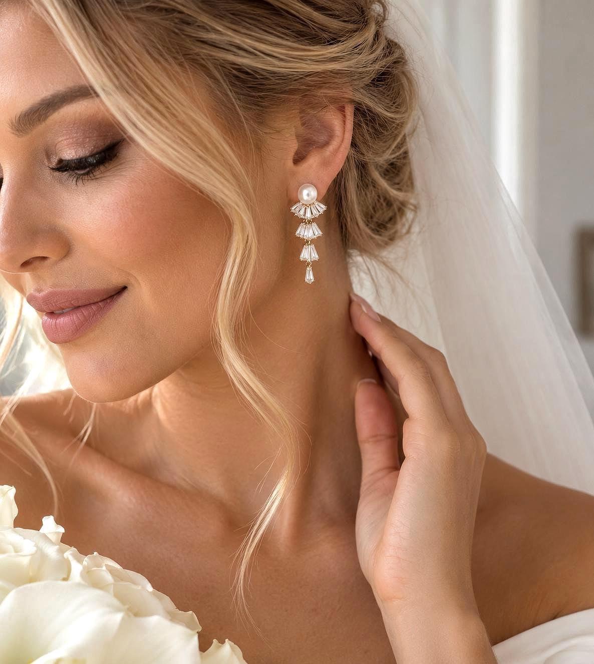 Pearl Bridal Earrings, Gold Crystal Drop Design Mermaids