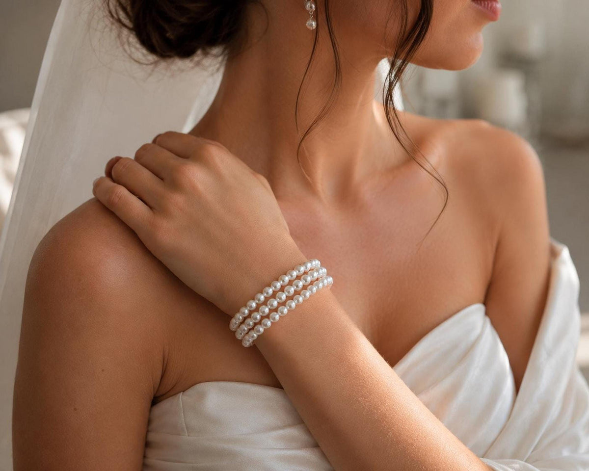 Multi Strand Pearl Bridal Bracelet Cuff, Classic Wedding Jewelry