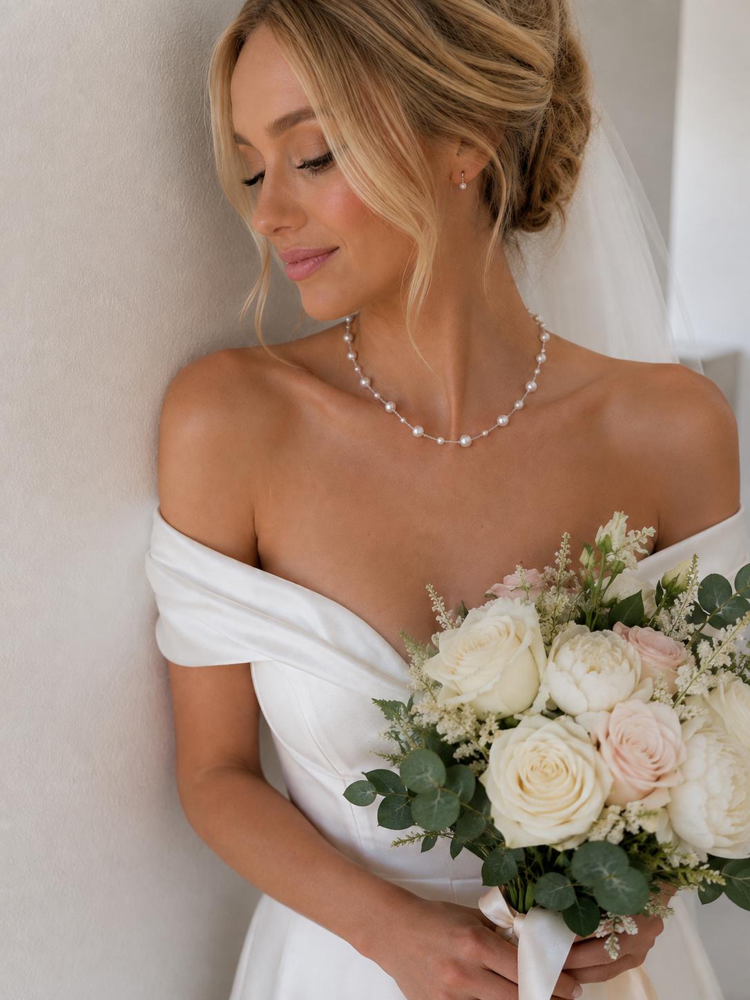 Delicate Pearl Bridal Necklace | Silver-Tone Chain, Handmade Wedding Jewelry