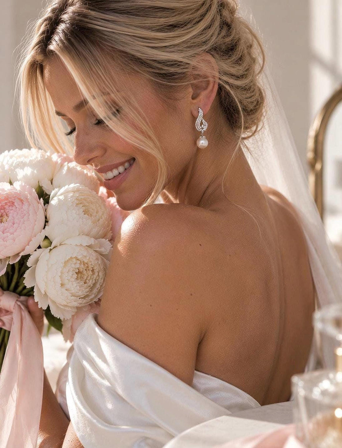 Pearl Bridal Earrings, Stainless Steel Zirconia Drop, 5 cm Wedding Jewelry
