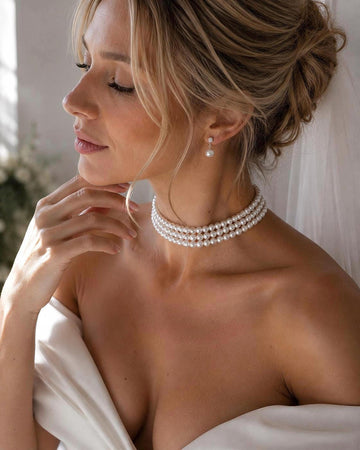 Three-Strand Glass Pearl Choker Necklace, Ivory Bridal Jewelry, Tarnish-Resistant Brass