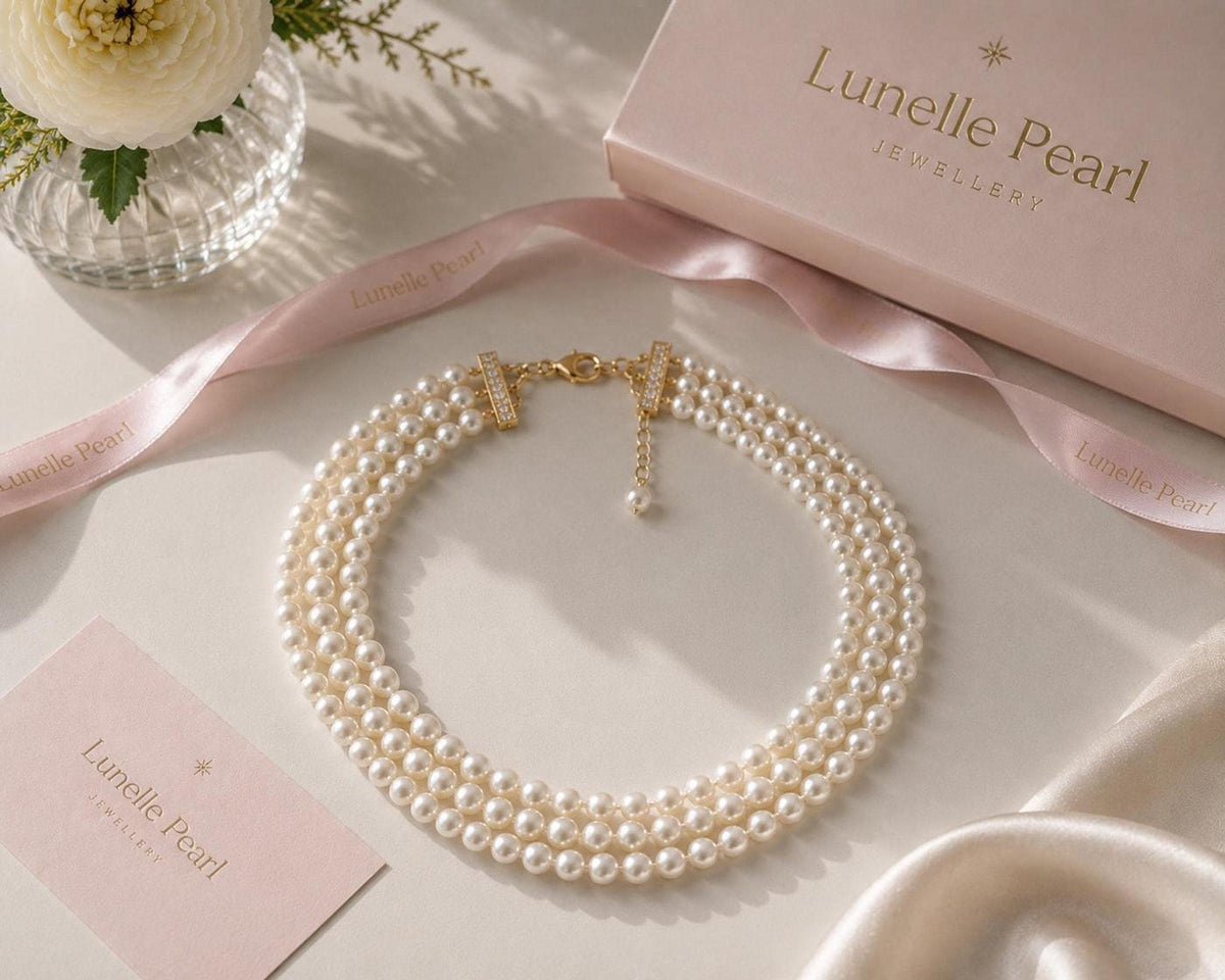 Three-Strand Glass Pearl Choker Necklace, Ivory Bridal Jewelry, Tarnish-Resistant Brass