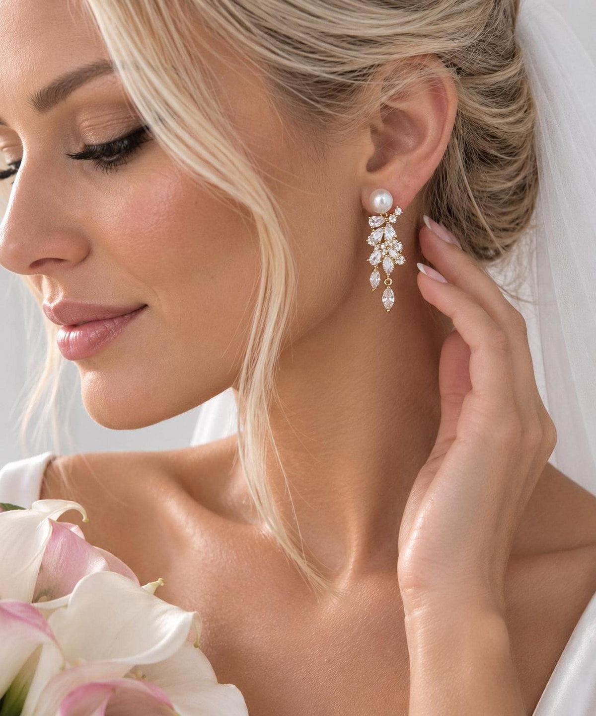 Mother of Pearl Vine Earrings – Gold Crystal Bridal Drops