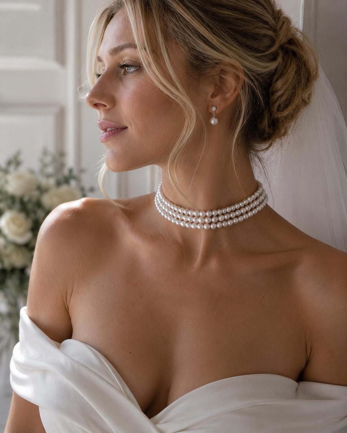 Three-Strand Glass Pearl Choker Necklace, Ivory Bridal Jewelry, Tarnish-Resistant Brass