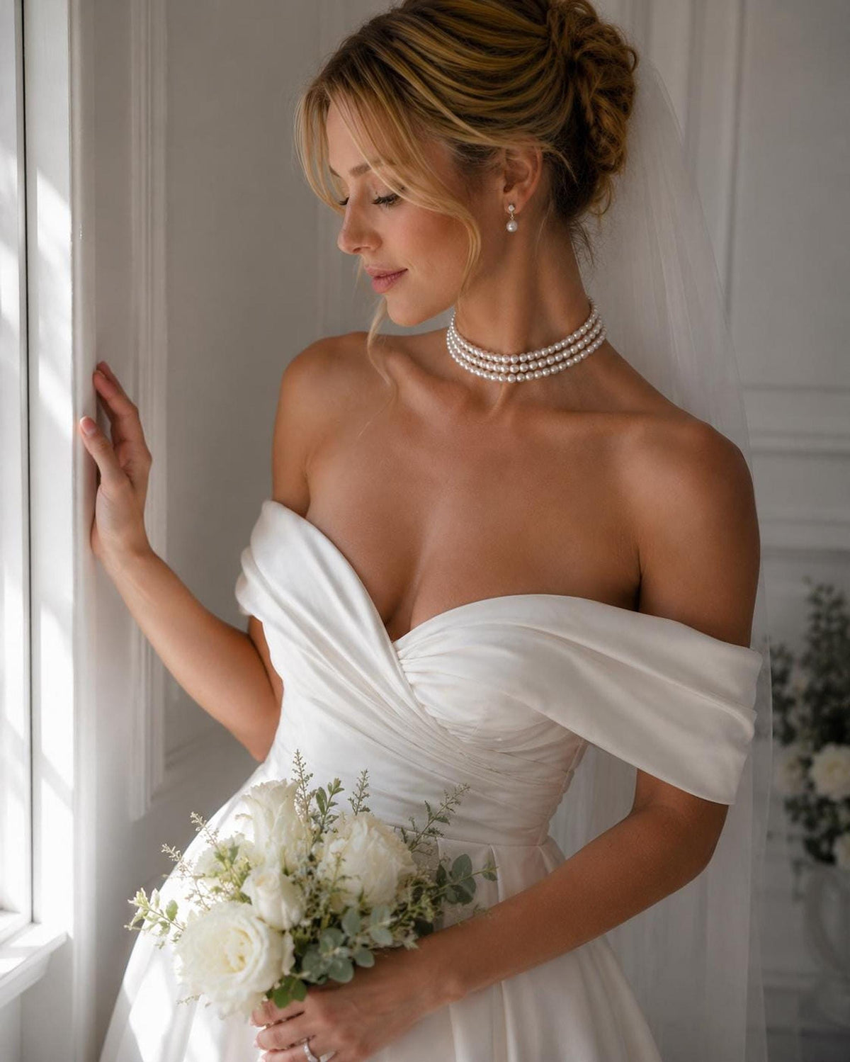 Three-Strand Glass Pearl Choker Necklace, Ivory Bridal Jewelry, Tarnish-Resistant Brass