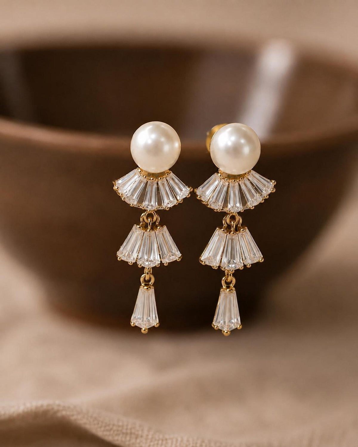 Pearl Bridal Earrings, Gold Crystal Drop Design Mermaids