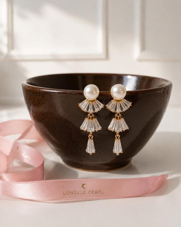 Pearl Bridal Earrings, Gold Crystal Drop Design Mermaids