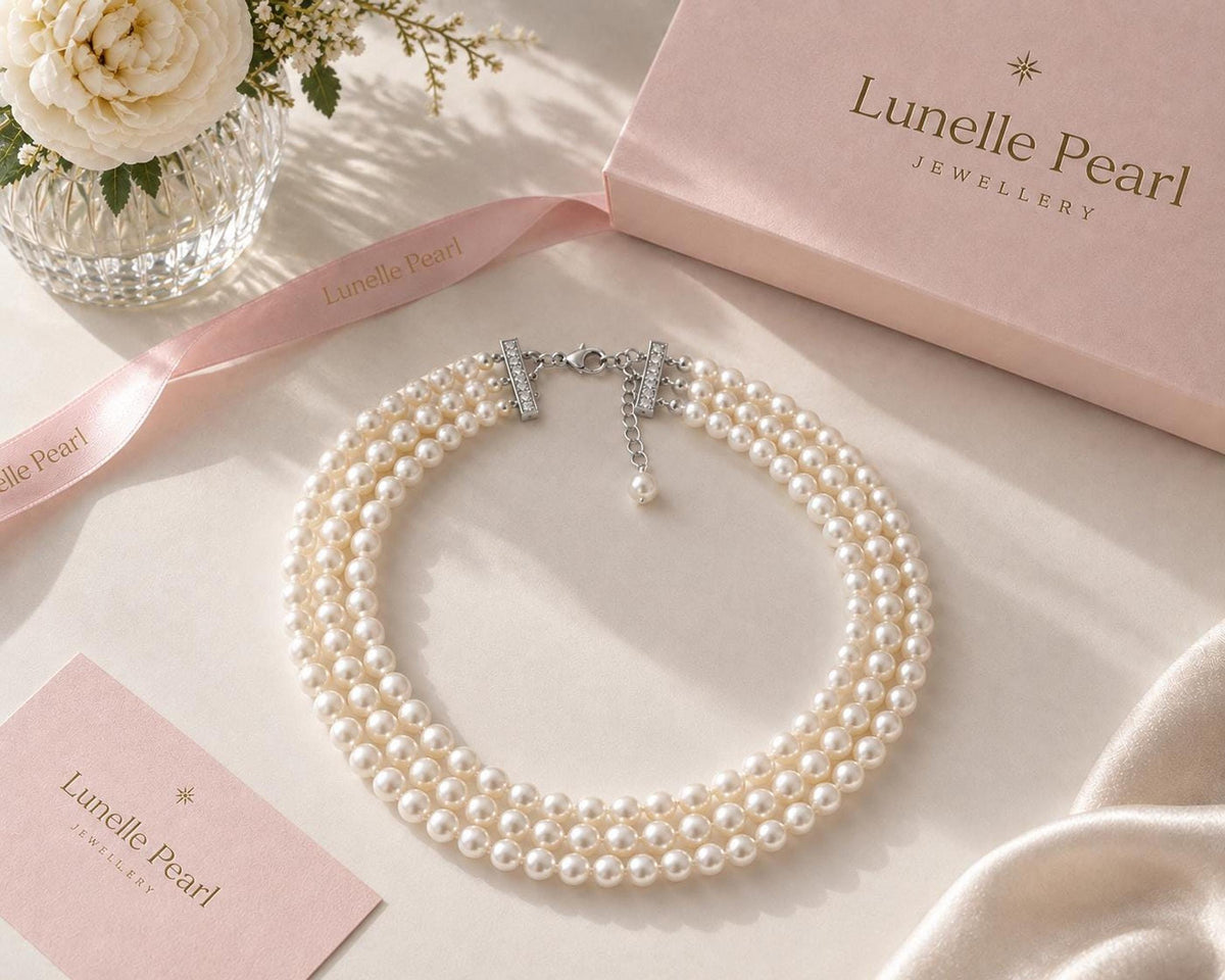 Three-Strand Glass Pearl Choker Necklace, Ivory Bridal Jewelry, Tarnish-Resistant Brass