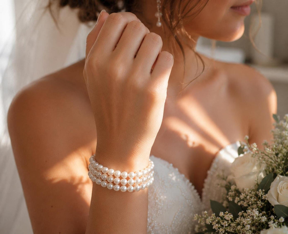 Multi Strand Pearl Bridal Bracelet Cuff, Classic Wedding Jewelry