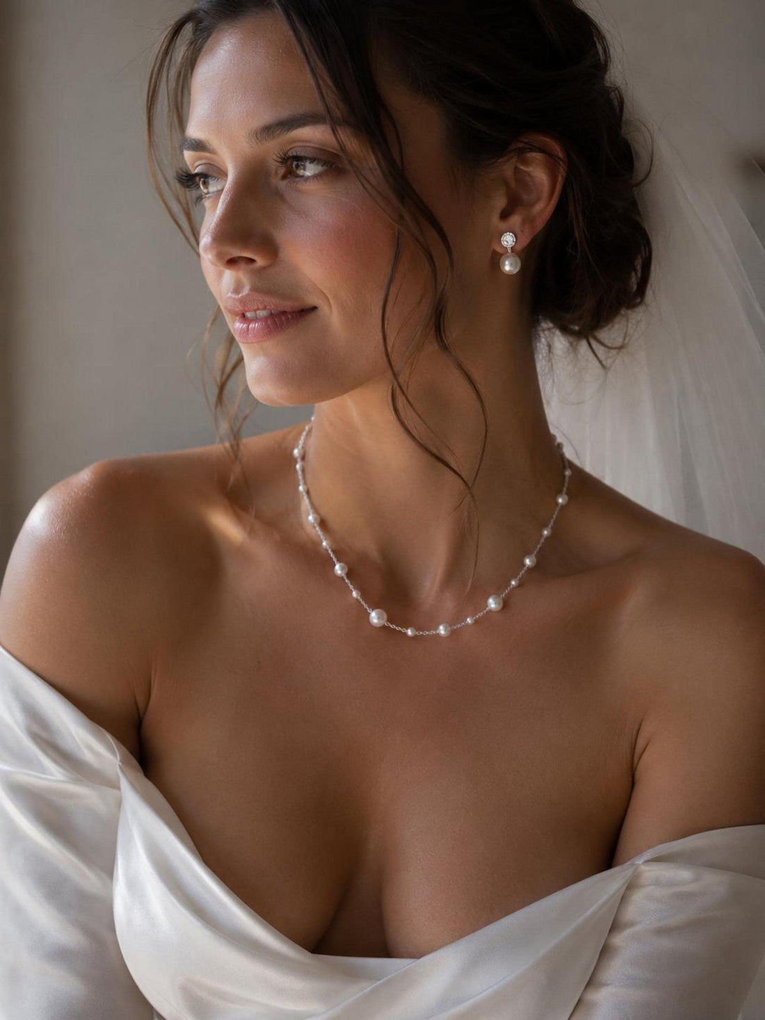 Delicate Pearl Bridal Necklace | Silver-Tone Chain, Handmade Wedding Jewelry