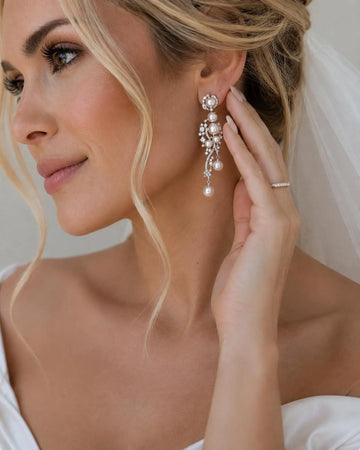 Elegant Pearl & Crystal Bridal Chandelier Earrings – Silver Wedding Drop Earrings by Kamielle London